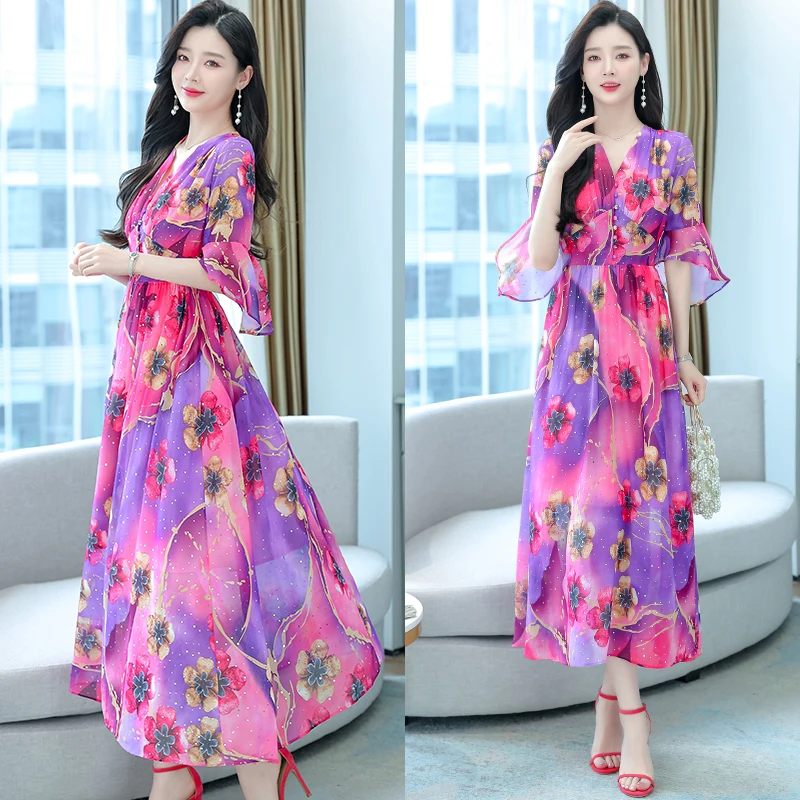 

2023 New Elegant Women Chiffon Floral Long Dress Korean V Neck Flare Sleeve A-line Dresses Summer Bohemian Print Beach Dress