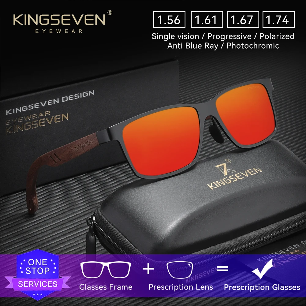 

KINGSEVEN Retro Walnut Wood Prescription Sunglasses Myopia Hyperopia Progressive Eyewear Men Women Driving Optical Lens Glasses