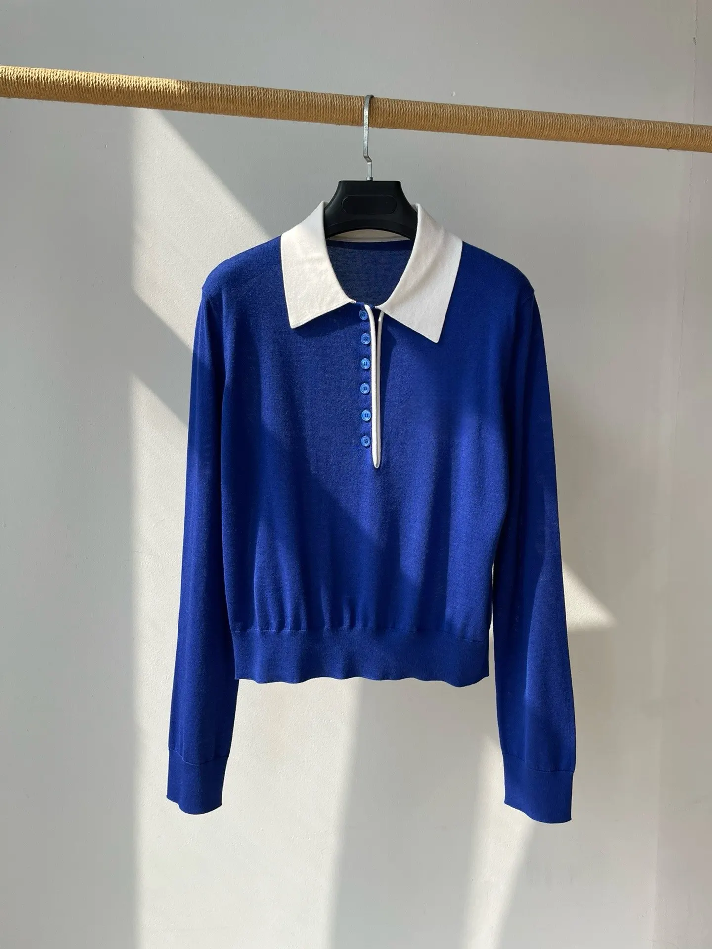 

2026 Spring New Arrival Women's Wool Sweater Long Sleeve Lapel Contrast Color Embroidery Logo Patchwork Casual Pullover Ladies T