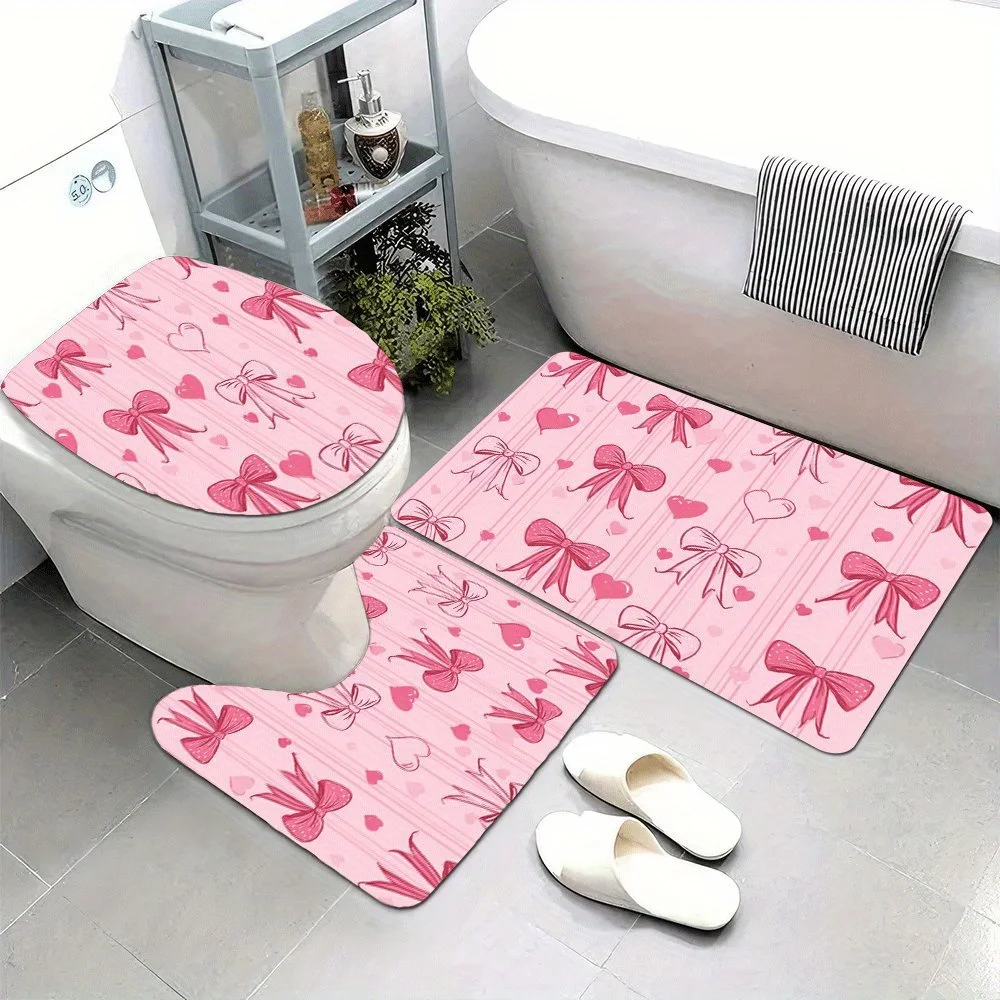 

3pc Pink bow pattern bathroom set, U-shaped mat, non-slip mat, toilet seat cover, suitable for bathroom decoration.