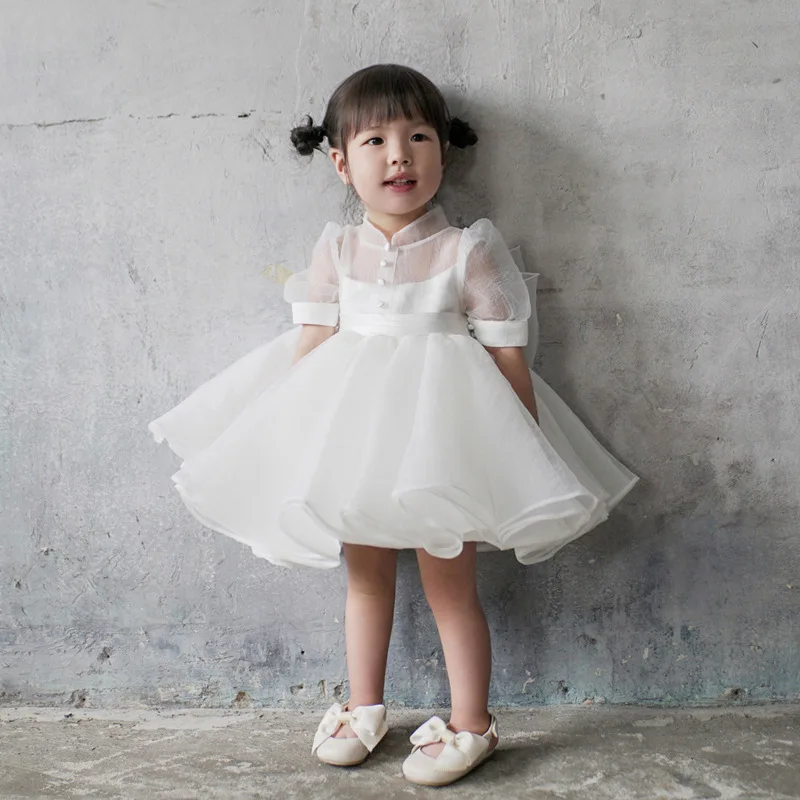 Girls Casual Dresses Children Clothing Baby High Waisted Princess Style Birthday Pengpeng Mesh Yarn Bow Knot Soild