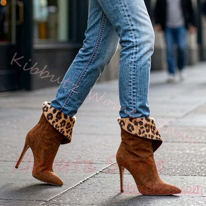Leopard Fur Cuff Ankle Boot Women Suede Leather Stiletto Mixed Color Footwear Y2K Streetwear Statement Party Office Slip-On New