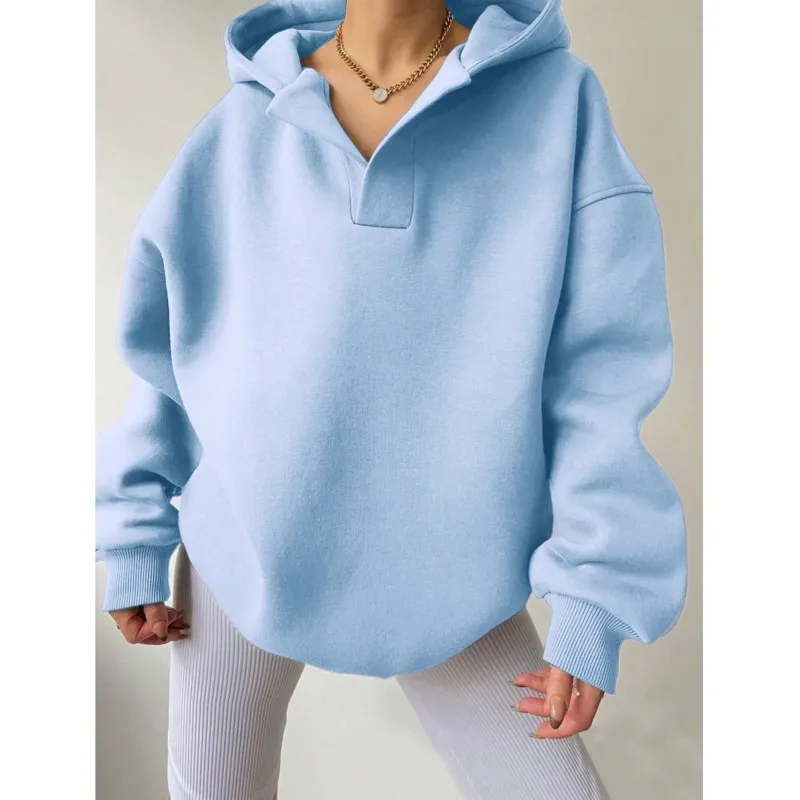 

2024 Autumn/Winter Women's Sports Shirt Solid Color Long Sleeve Hoodie Solid Color Loose Sweatshirt Casual Blue Sports Tops