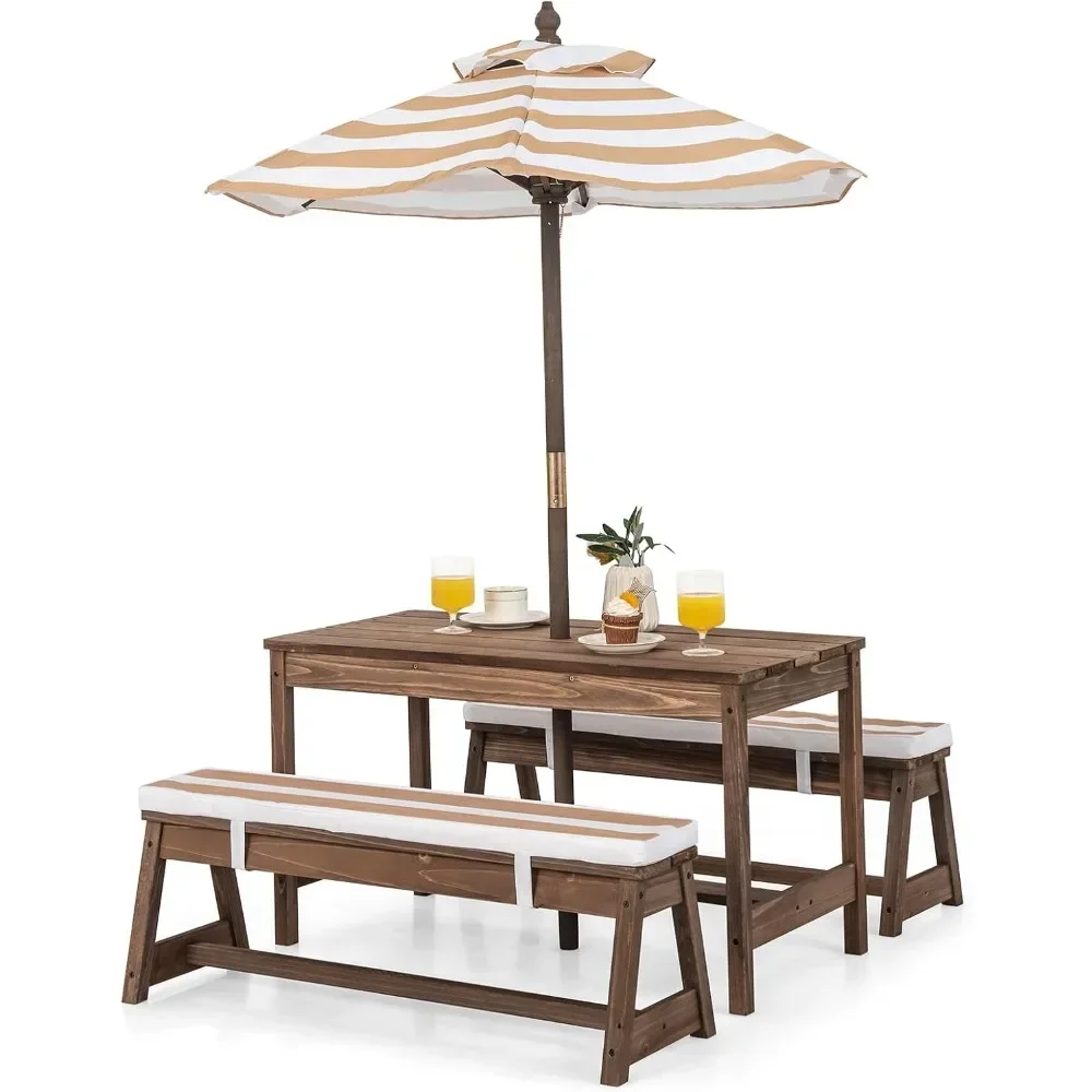 

Kids Picnic Table, Outdoor Wooden Table & Bench Set w/Removable Cushions and Umbrella, Stripe Fabric, Children Backyard Furnitu