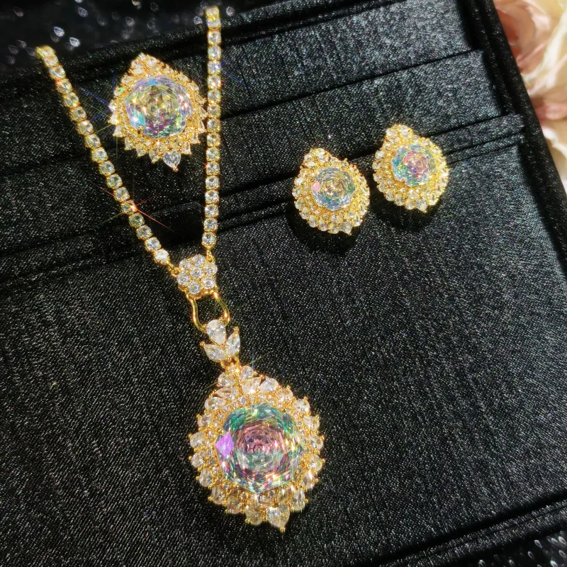 High-end New Octagonal Rose Cut Colorful Zircon Large Carat Gold Luxurious Full Diamond Jewelry Three-piece Set