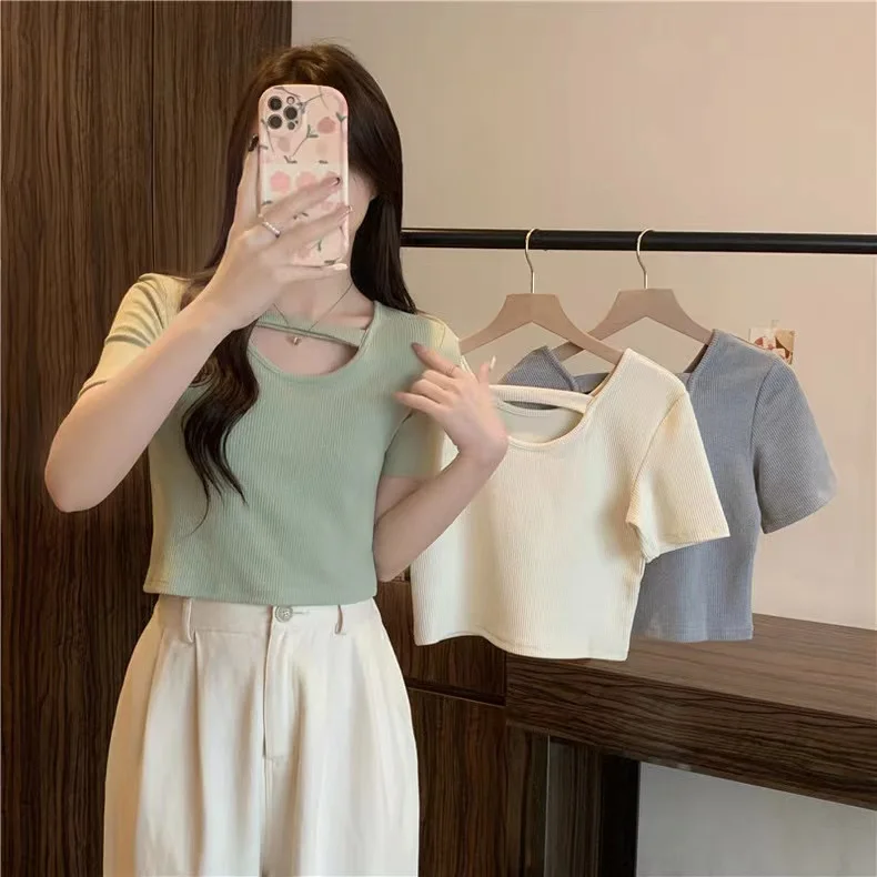 

Summer new ribbed design feeling niche short shoulder short sleeved T-shirt top for women