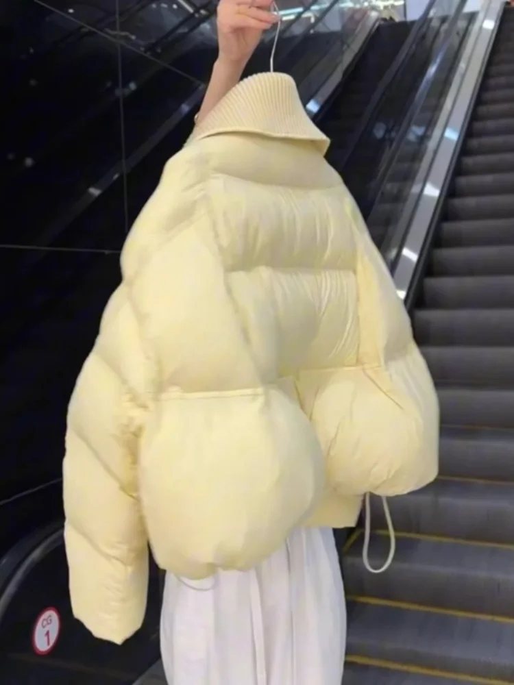 เสื้อโค้ทผ้าฝ้ายอุ่นสีเหลืองหวานสไตล์เกาหลีสำหรับผู้หญิง ไซส์เล็ก เสื้อคลุมกันหนาวสำหรับเดินทางไปทำงาน แฟชั่นฤดูหนาว