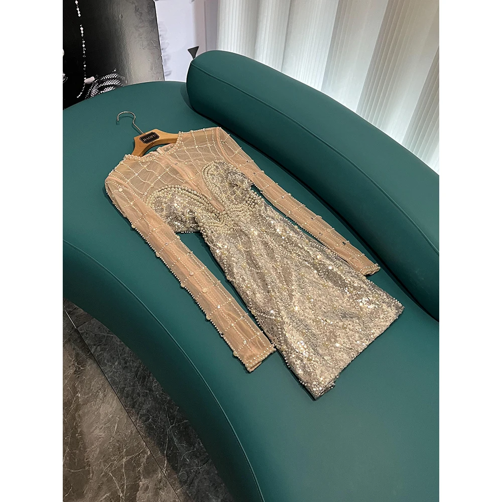 

Faionable Pearl Embellied Long Sve Me Dr Glittering Heavy Du Beading Embroidery Ci Commute Suitable Ladies Dr