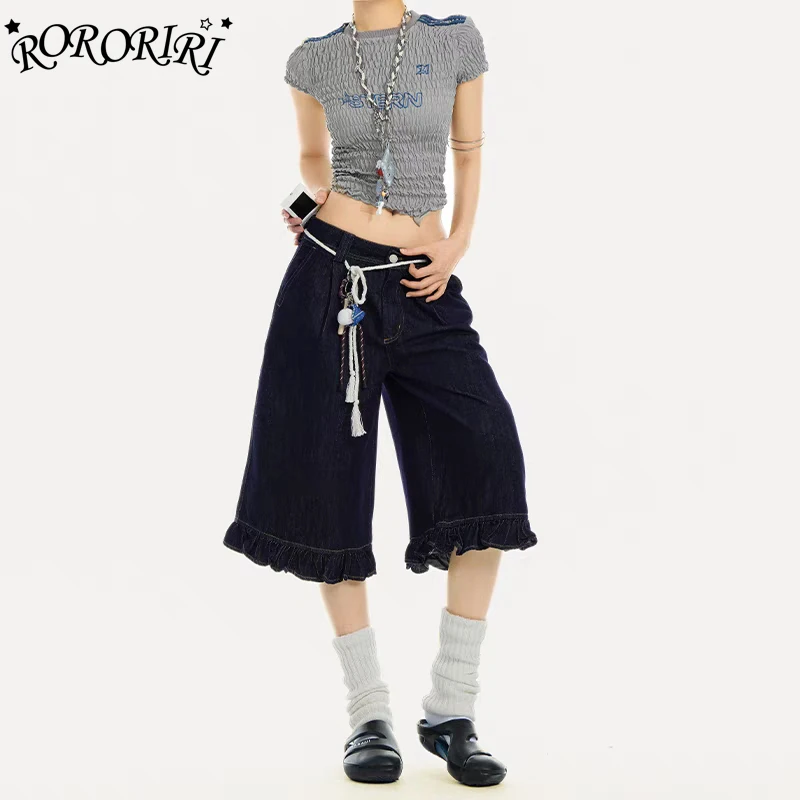 

RORORIRI Ruffle Hem Women Baggy Jeans Jorts Blue Wash High Rise Solid Casual Frilly Knee Long Denim Shorts Retro Summer Clothes
