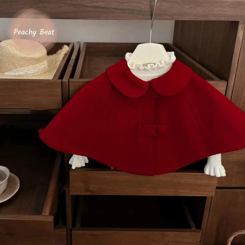 Baby Girl Princess Red Woolen Cloak Infant Toddler Child Christmas Cape Thick Warm Winter Outwear New Year Baby Clothes 1-7Y