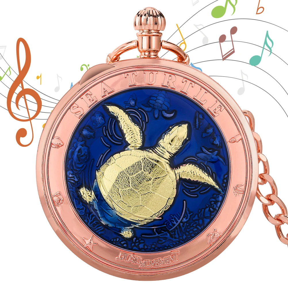 

New Musical Pocket Watch Men's Fob Chain Pendant Clock Unique Sea Turtle Pattern Music Movement Timepiece Gifts for Husband Boy