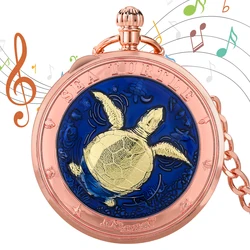 New Musical Pocket Watch Men's Fob Chain Pendant Clock Unique Sea Turtle Pattern Music Movement Timepiece Gifts for Husband Boy