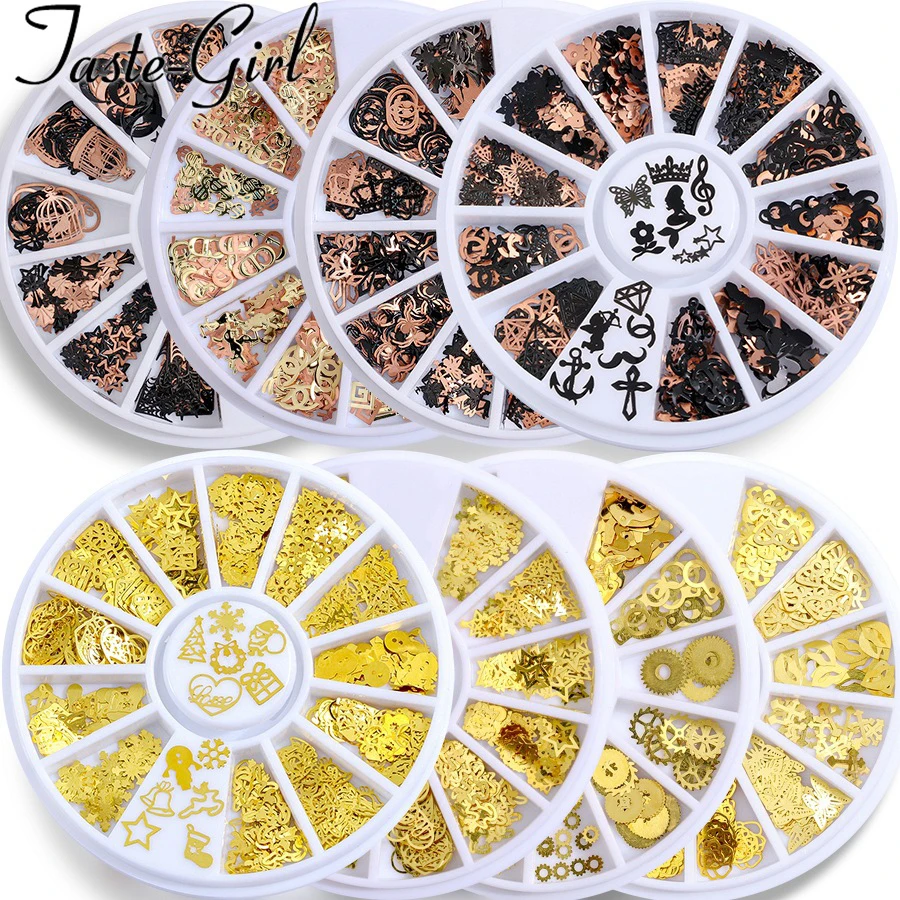Gemengde 12 Vormen Zwarte Goud Metalen Halloween Kerst Nail Art Decoraties Slice Nail Folie Decals Nep Nagels Accessoires Wiel