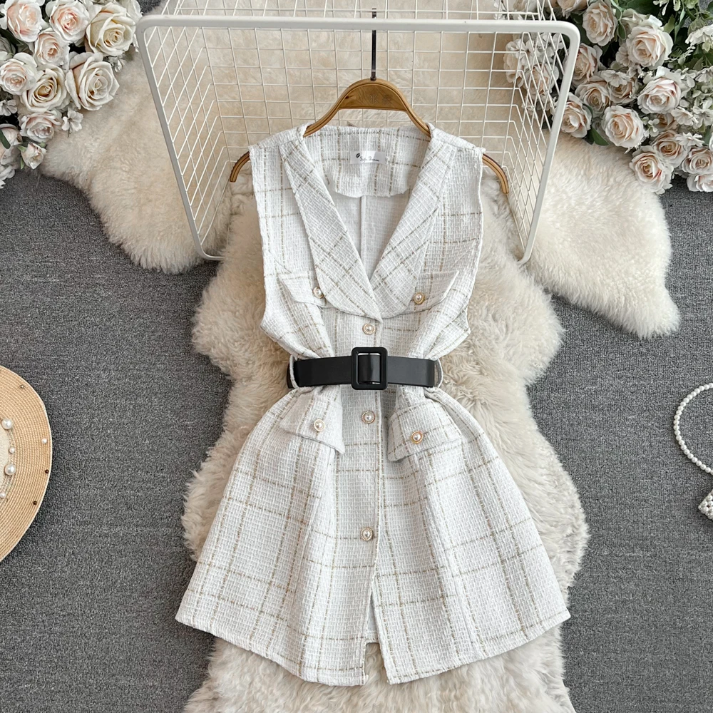 2024 Autumn/Winter Fashion Tweed Vest Royal Elegance V-neck Waist Sleeveless Belt Waist Slim Thick Tweed Vest Coat Dress