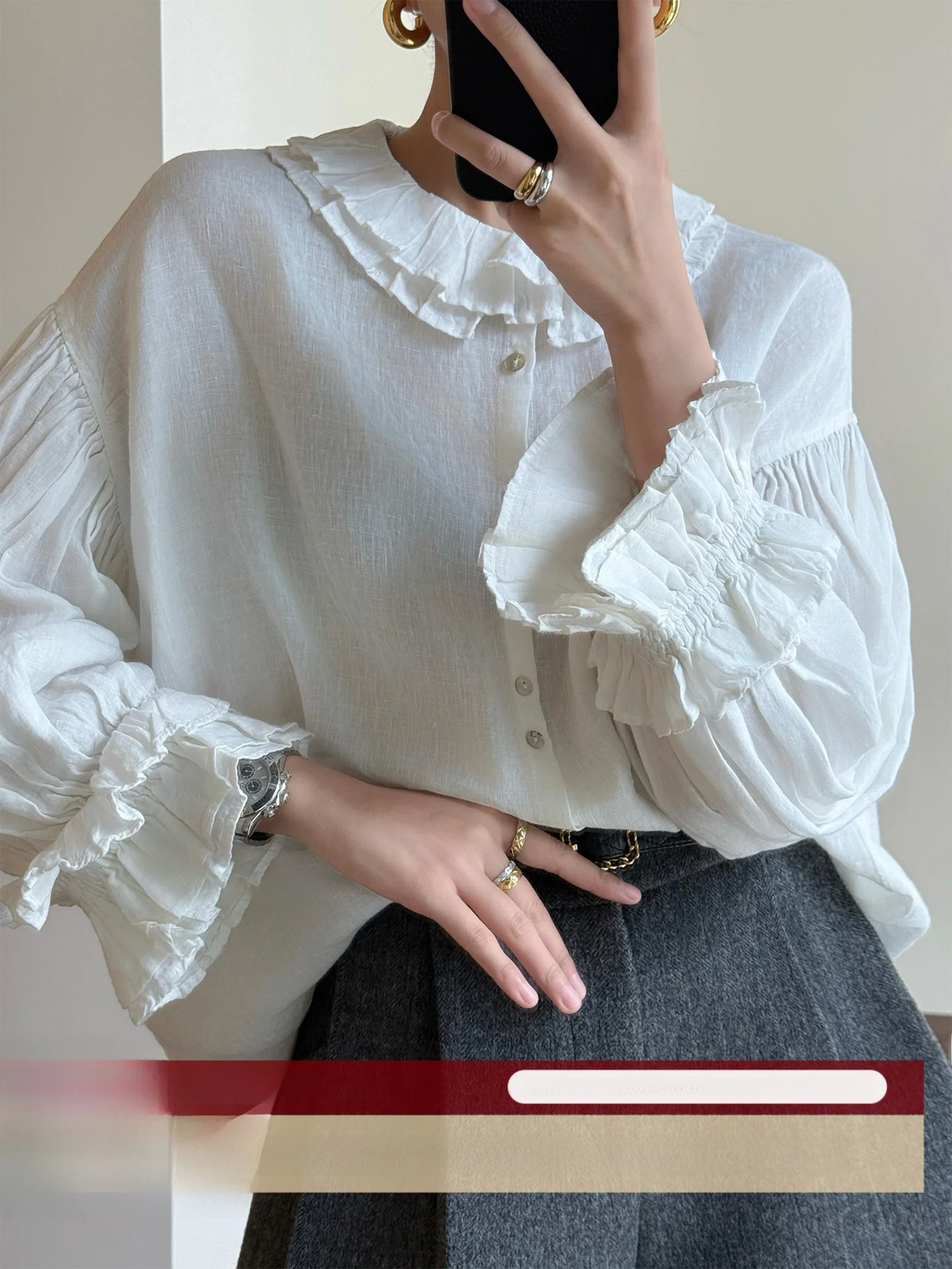 

WANGER Long Sve Linen irt Double Layer Lotus Le Collar Lantern Sve Vintage Sle Loose Fit Women's Faion