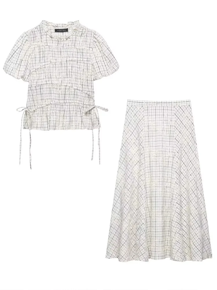 

HH Woman Summer Fashion O-Neck Short Sleeve Plaid Embroidered Bow Tops+A-line Side Zipper Pleated Midi Skirt Casual 2 Piece Set
