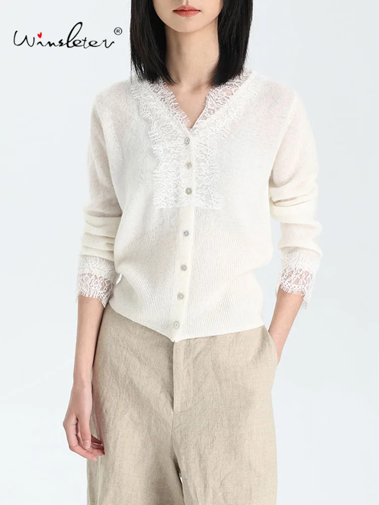 

Winsleter-60.1% Элегантный свитер из овечьей шерсти, 8% кашемира, женский кружевной лоскутный свитер с v-образным вырезом, французский вязаный кардиган, осень 2023, T58403CC