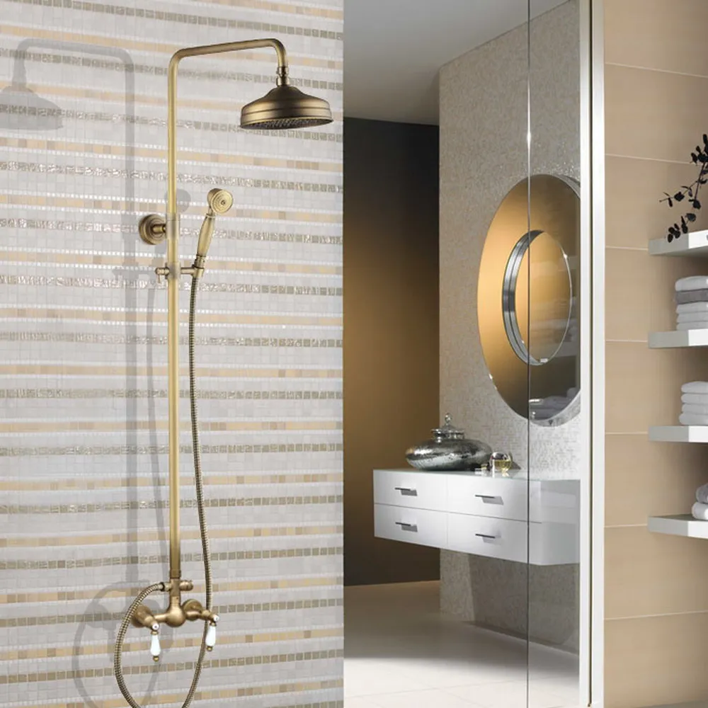 

Antique Brass Bathroom 8" Rainfall Shower Faucet Set Dual Handle Bath Shower Mixer Taps Wall Mounted with Handshower Nan112