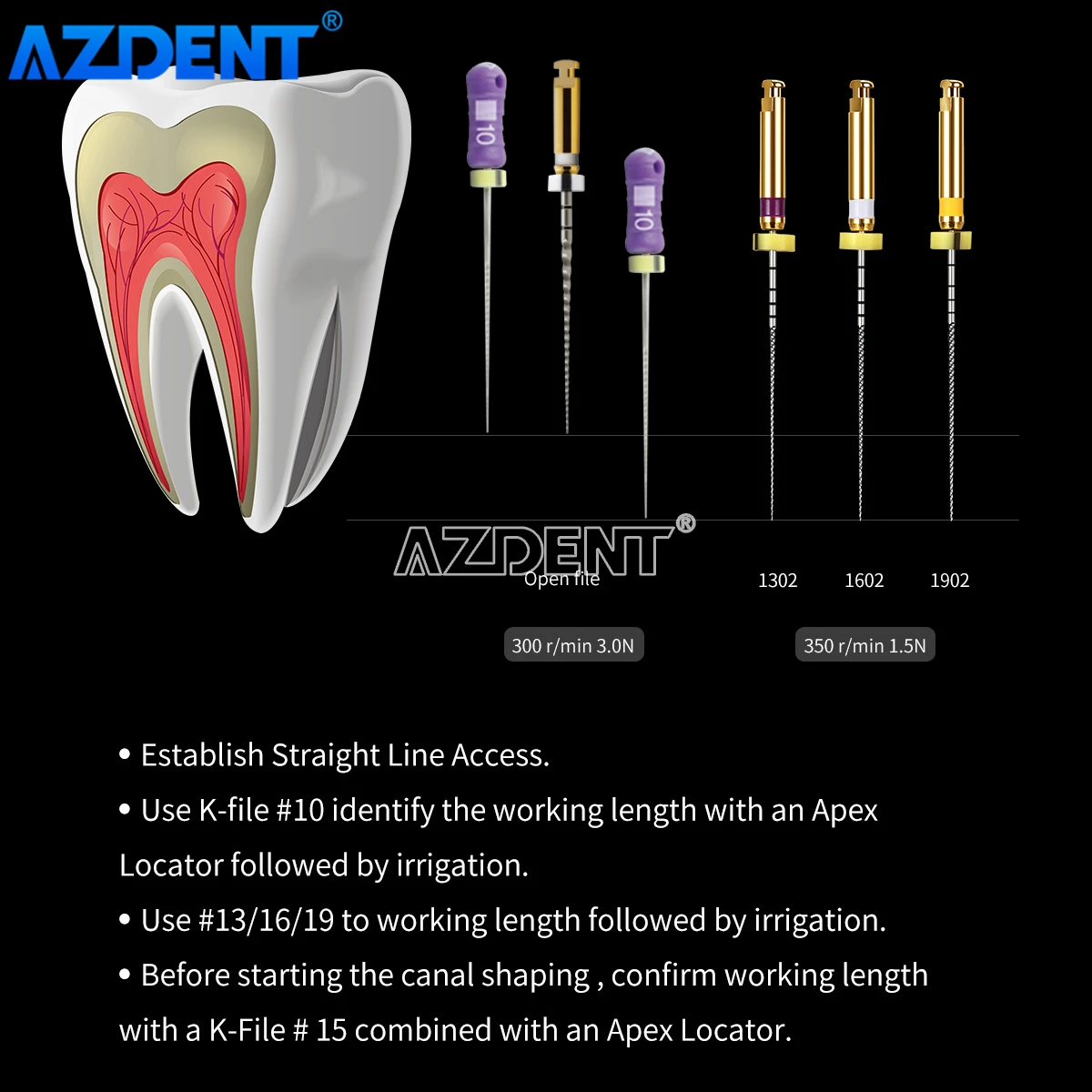 AZDENT Dental niklowo-tytanowe pilniki ścieżkowe 25 mm rozmiar 13 # -19 #   Silnik Endo File Taper 02 Użyj narzędzi do kanałów korzeniowych