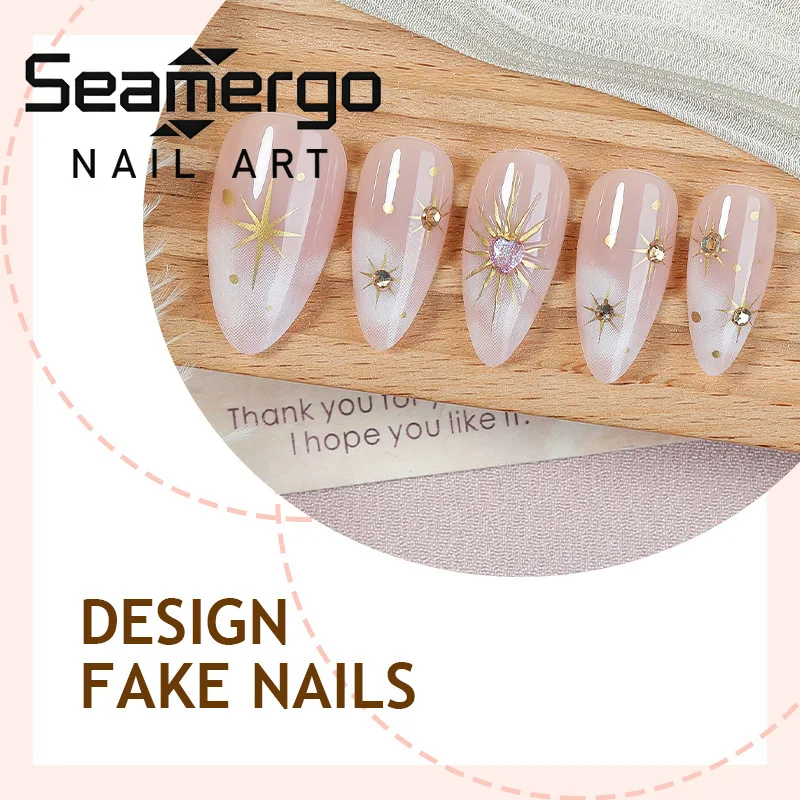 

24PCS Romantic Almond Press on Nails Pink Gradient 3D Heart Starburst Decor White Marble False Nails Reusable Acrylic Fake Nails