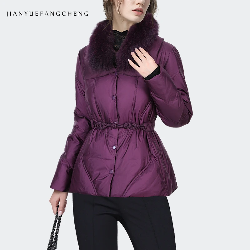 Women Purple Down Jacket For Winter With Fox Fur Collar Long Sleeve Elastic Waist Snaps Closure Warm Windproof Duck Down Coat