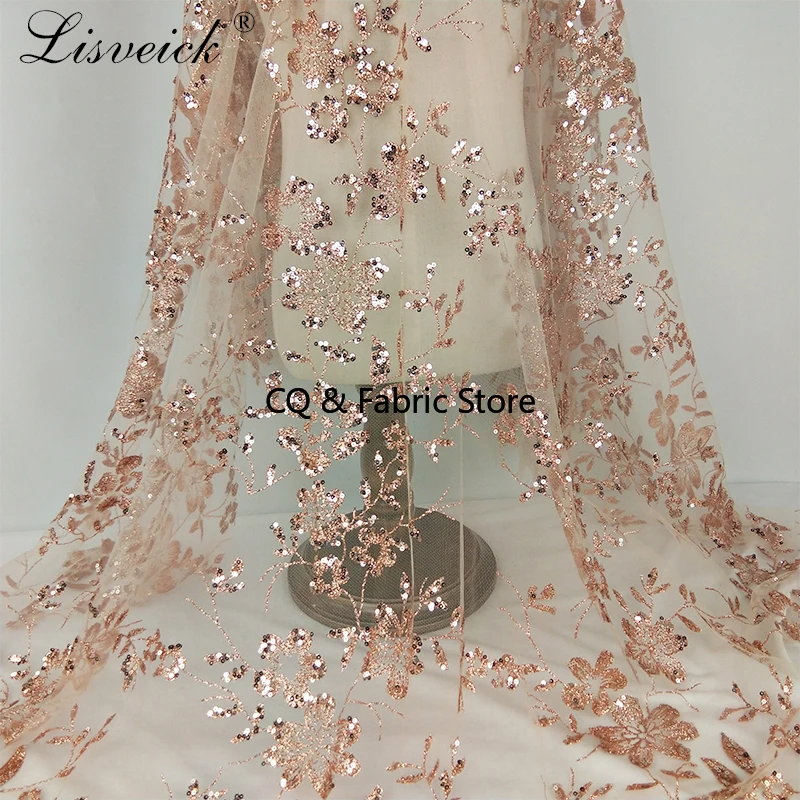 New Golden Bronzing Flower Tulle Mesh Lace Sequin Embroidery Fabric For Wedding Evening Dress Clothing Accessories