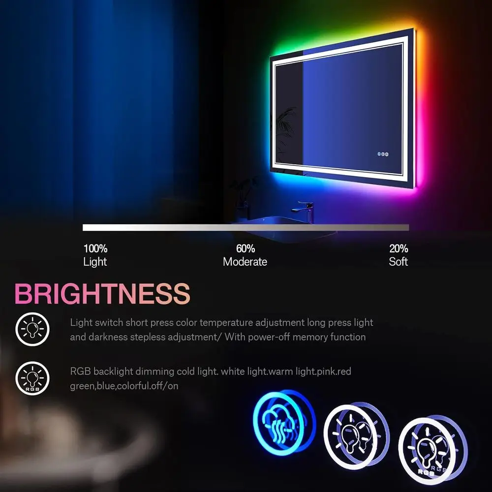 Miroir de courtoisie LED RVB incassable 40 x 24 pouces avec rétroéclairage variable, antibuée et multicolore pour salle de bain