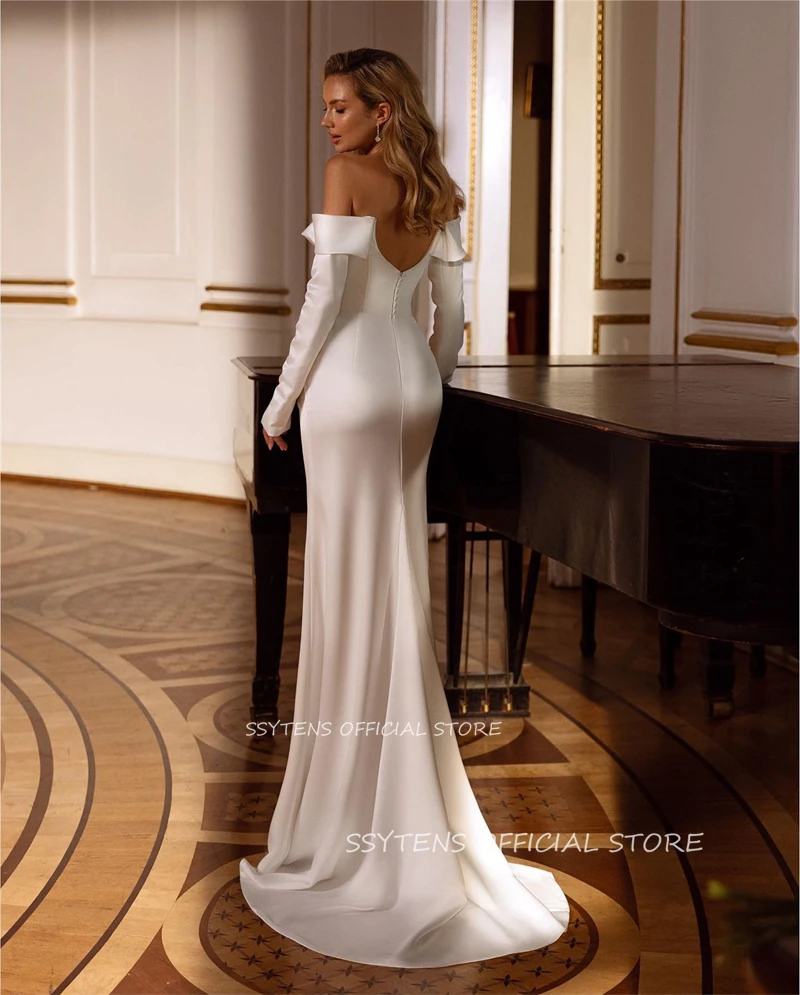 Sexy Satin Mermaid Wedding Dresses Off Shoulder Bride Dress Floor Length Long Sleeves Sexy Side Split Formal Bridal Party Gown