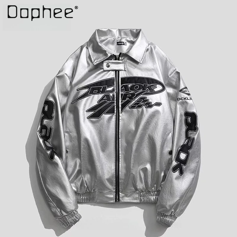 

2026 Spring and Autumn New American Hip-Hop Street Biker Style Cool Men's Silver Black Letter Print PU Leather Jacket