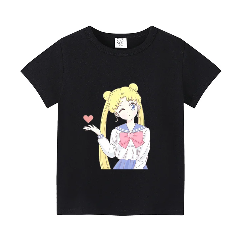 Sailor Moon Children T-shirt Cartoon Printed Short Sleeve Shirt Cute White Black Base Tee Tops Cotton Clothing Kid Birthday Gift