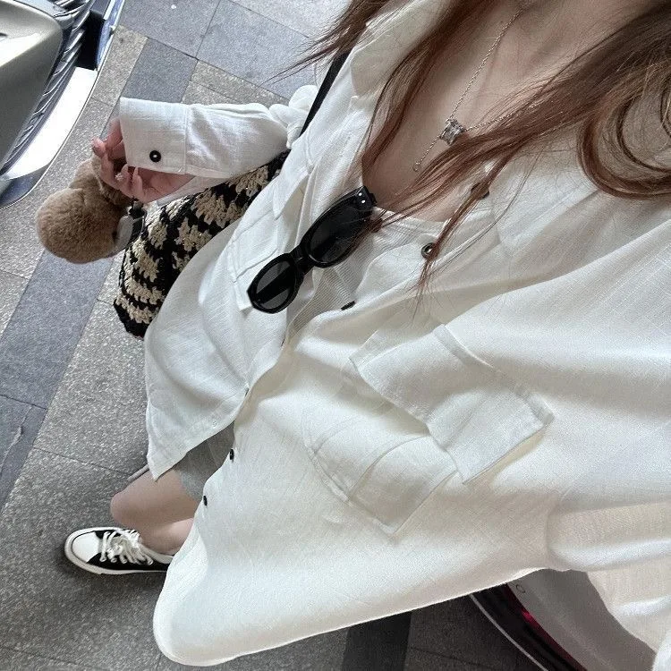 

Ladies Linen Shirt Summer 2026 Korean Style Loose Casual Long Sleeve Sun Protection Top Coat Comfortable Breathable Polyester...