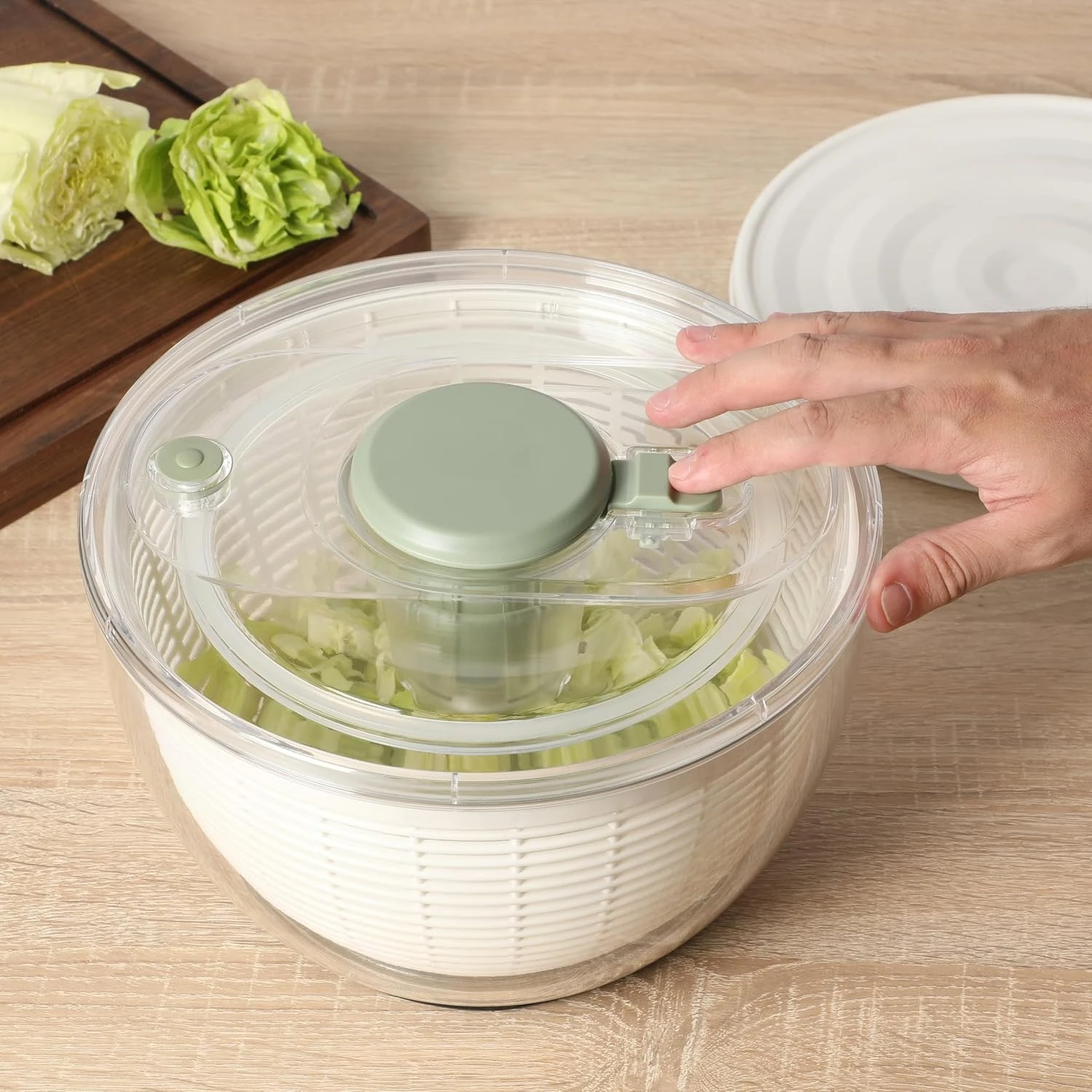 6.3 Qt Juniper‑Green Salad Spinner, washing bowl with strainer, multi‑functional fruit, vegetable and lettuce cleaner, daily essential gadget for kitchen salad making.