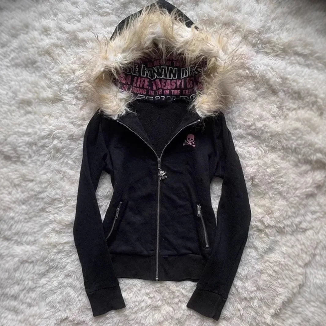 Black Goth Cardigan Skull Hooded Sweater Zipper Jacket Women's Fur Collar Design Sense 2025