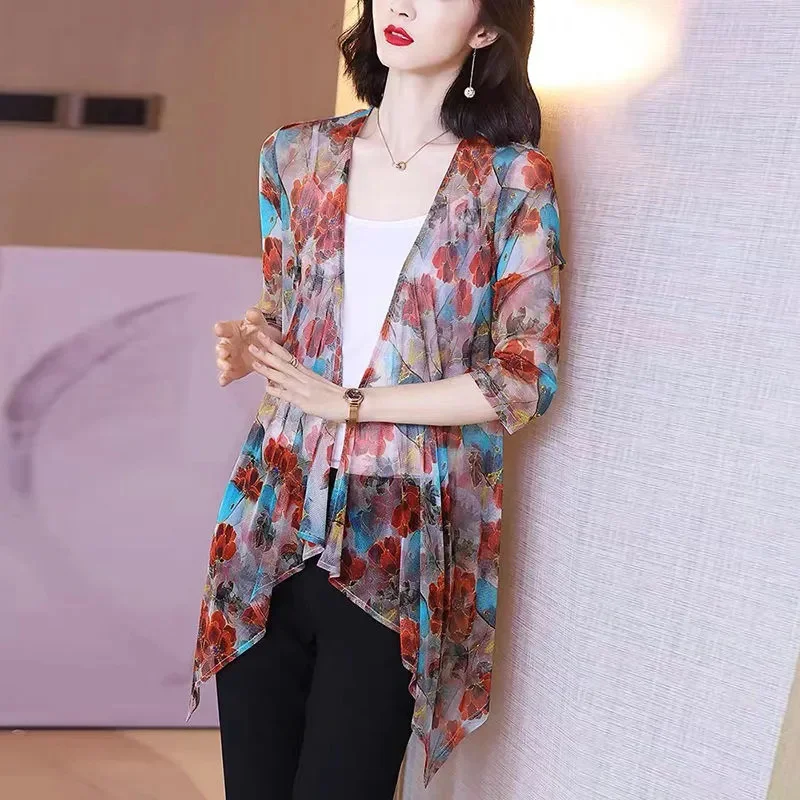 2024 Women\'s Summer New Chiffon Shirt Shawl Thin Cardigan Jacket Fashion Air-Conditioned Shirt Long Sleeves Coat Tops Female