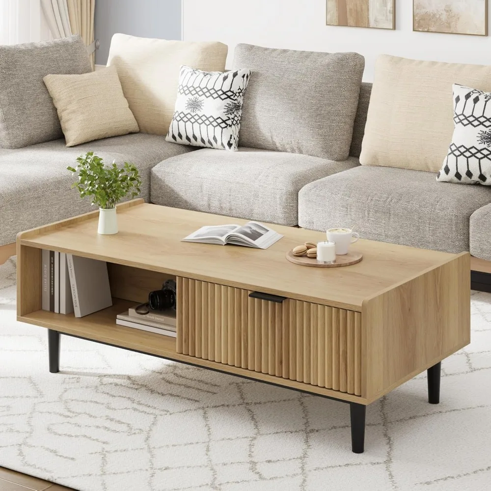 طاولة القهوة 42.5 طاولة مركزية حديثة لمنتصف القرن مع درج طاولة غرفة المعيشة المخددة مع تخزين من الخشب الخفيف #6