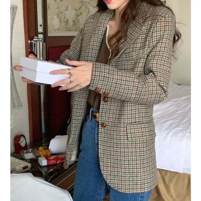 Women's Autumn and Winter Casual Blazer Jacket Retro Houndstooth Lapel Single-breasted Wool Coat Top