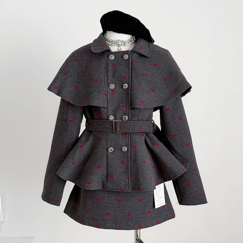 

Серый фестивальный костюм, женский новый модный двубортный пиджак с принтом и бантом, пальто и мини-юбка с высокой талией, комплекты из двух предметов