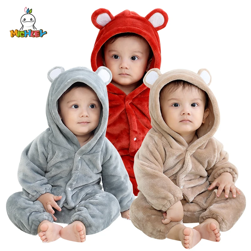 MICHLEY Cute Flannel Baby Rompers Winter Clothes Watm Hooded Toddler Bodysuits Pajamas Jumpsuit Costume For Kids Boys Newborn