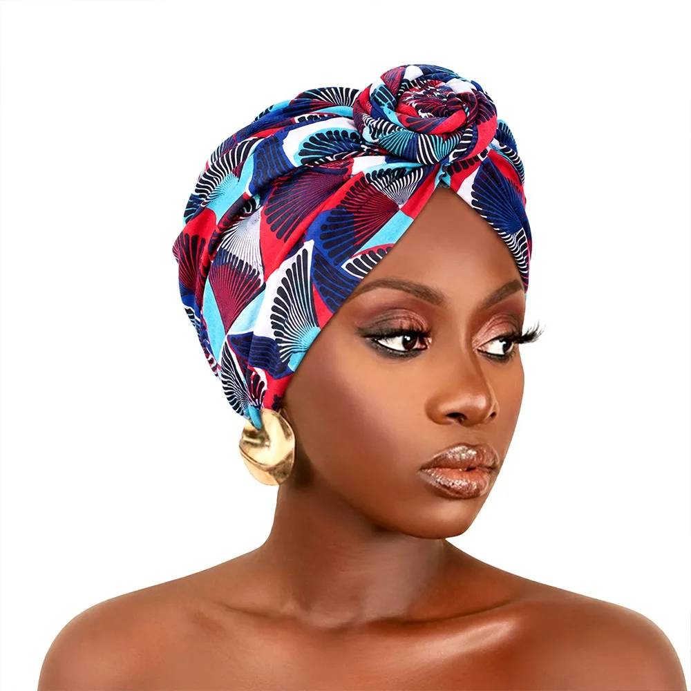 New African Print Hijab Caps Knotted Style Wrap Twist Knot Turban Hat Breathable Pleated Islamic Headband All Match Decor