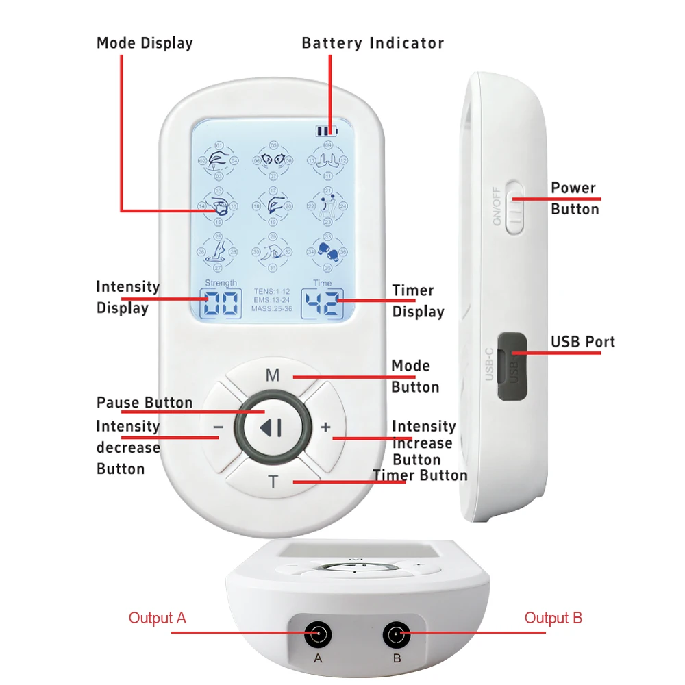36Modes LCD Electric Pulse Massager Dual Output EMS TENS Microcurrent Muscle Stimulator Neck Shoulder Back Arm Leg Massage Relax