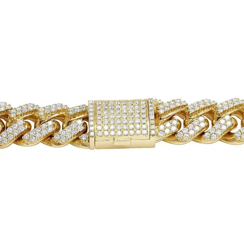 Luxury Iced Out Jewelry 15mm Prong Set Layered Moissanite Diamond Silver Cuban Chain.