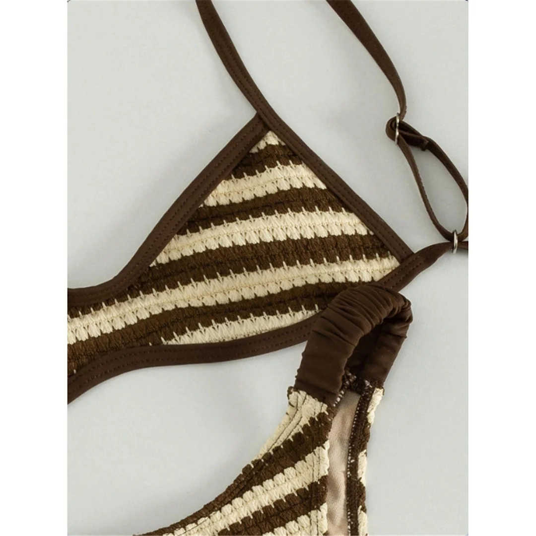 Gestreifter, gehäkelter, gestrickter Bikini, Damen-Badeanzug, zweiteiliges Bikini-Set, Badeanzug mit hohem Beinausschnitt, Badebekleidung, Schwimmanzug V8225 – Detail 6