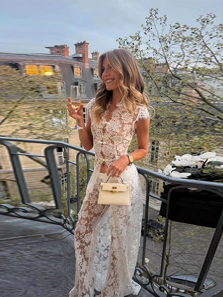 

Sexy Women's See Through Lace Long Blouses Pants Set Hollow Out Sleeveless Frog Button Slit Top Wide Leg Pant 2026 Summer Outfit
