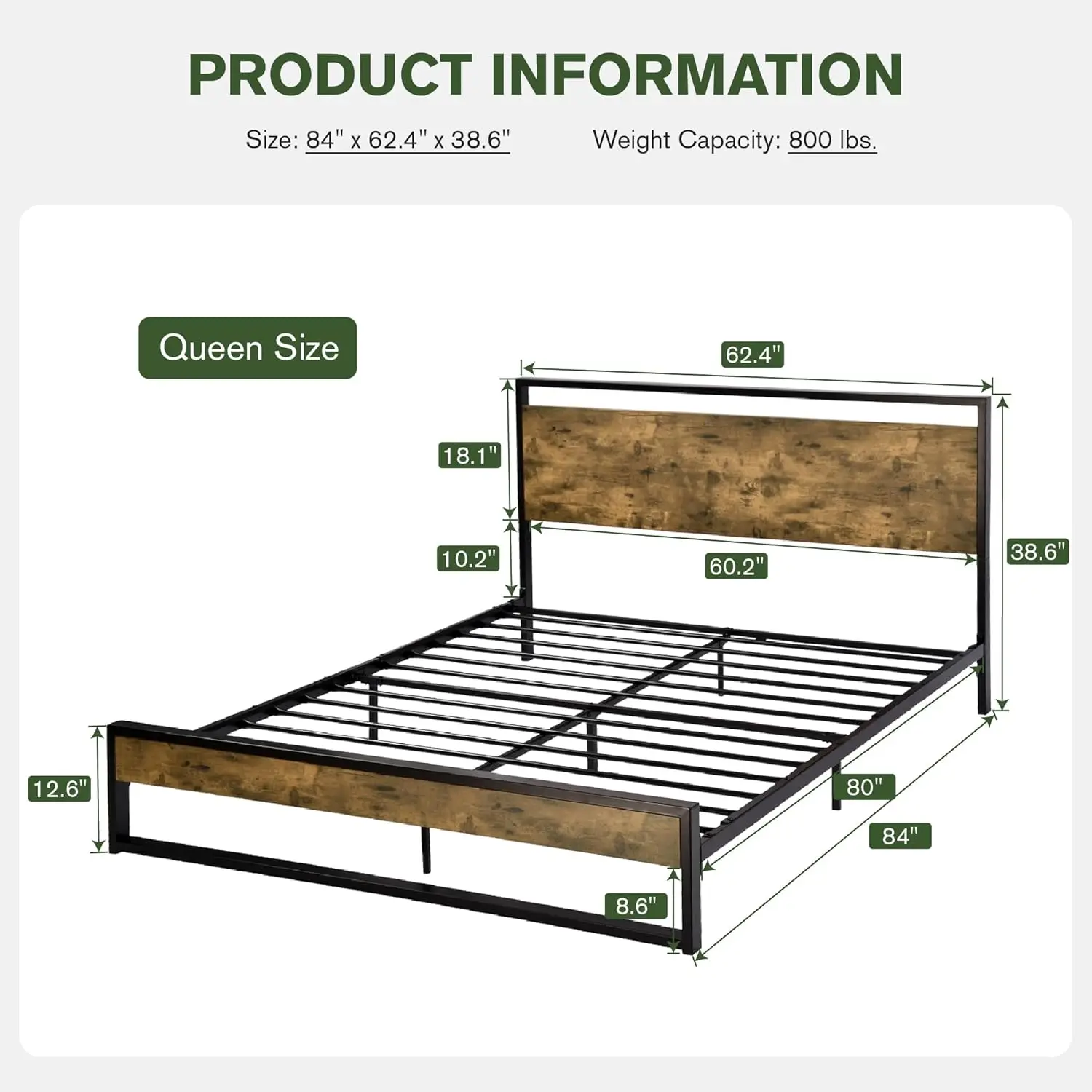 Queen Bed Frame with Wood Headboard, Modern Rustic Style Platform Bed Frame Queen Size, Heavy Duty Strong Metal Slats Support