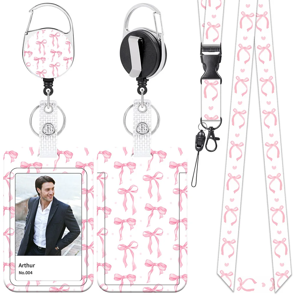 Cute Pink Bow ID Badge Holder With Metal Back Clip Lanyard Tag, Durable Card Protector for Employee Name Badge & Student