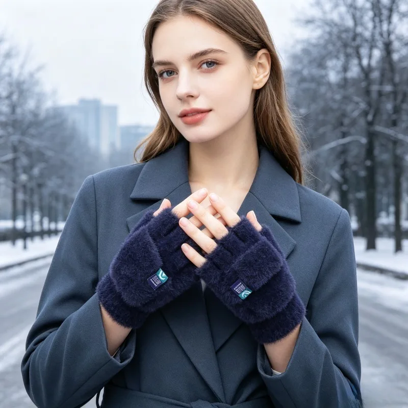 Female Winter Mitten Soft Warm Student Women Flip Gloves Outdoor Write Gloves Thickened Cold Protection Plush Fingerless Gloves