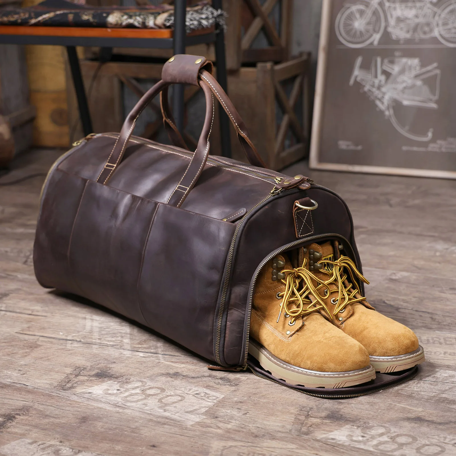 S.WORKER Echtleder-Reisetasche für Herren, große Kapazität, Vintage-Rindsleder-Reisetasche, Weekender-Sporttasche im Retro-Stil – Detail 12
