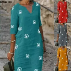 Summer Vintage Flower Print Dresses for Women Breathable Cotton Linen V-neck Loose Casual Dress Half Sleeve Beach Vestidos Femme