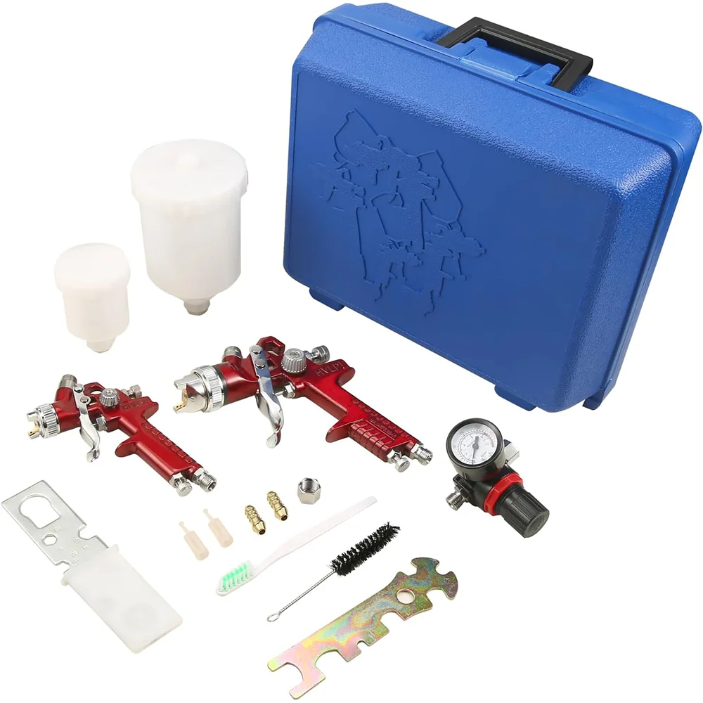 HVLP autospuitpistoolset 0,8 mm / 1,4 mm professioneel draadloos pneumatisch gereedschap zwaartekrachtspuit voor autoprimer / muurverf / meubeloppervlak spuiten, hoge verneveling verfspuitgereedschap op waterbasis
