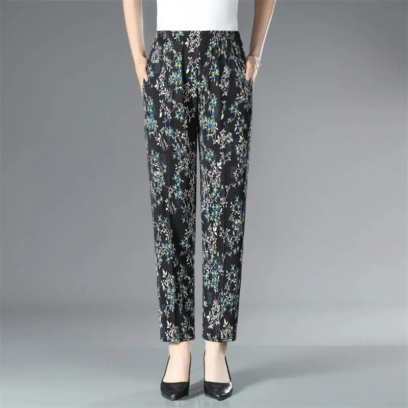 

2024 Casual Pants Women Summer New Thin Middle-Aged Elderly Female Trousers High Waist Elastic Mother Flower Harem Pants Ladies